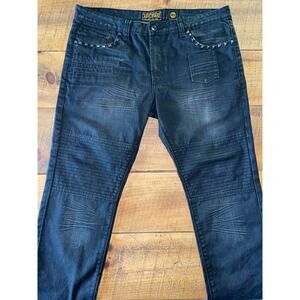 Mens Akoo Black Moto Studded Zipper Biker Goth Rock‎ Relaxed Jeans Size 40